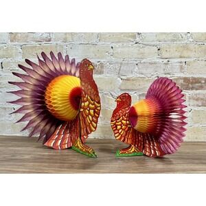 Vtg Die Cut Thanksgiving Turkey Table Decor Tissue Honeycomb Feather Set 9" 13"